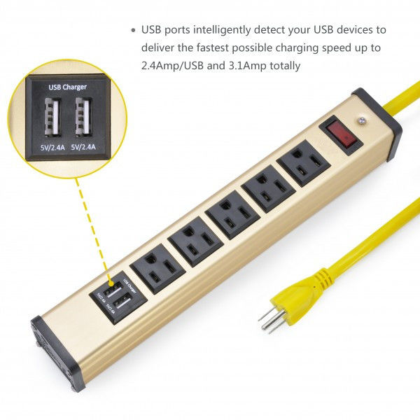 Desktop 5 Strip Daya Steker Datar Dengan Pengisi Daya USB, 5 Soket Daya Bar 5v 2.4A / 1A