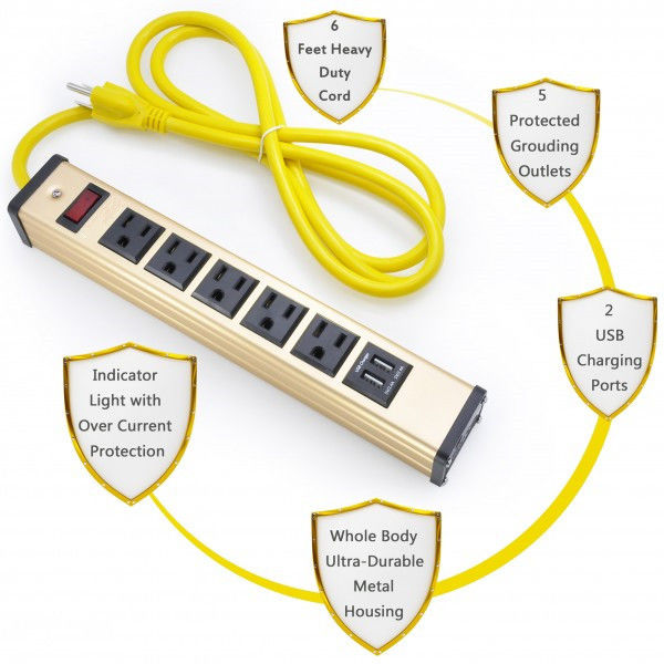 Desktop 5 Strip Daya Steker Datar Dengan Pengisi Daya USB, 5 Soket Daya Bar 5v 2.4A / 1A