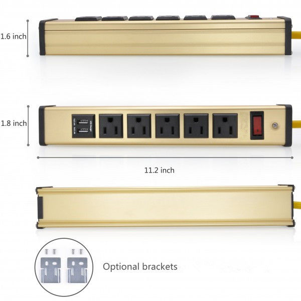 Desktop 5 Strip Daya Steker Datar Dengan Pengisi Daya USB, 5 Soket Daya Bar 5v 2.4A / 1A